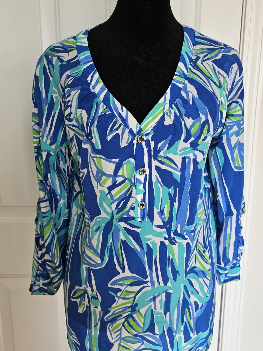 Lilly Pulitzer Silk Blue & Teal Tropical Print V-Neck Tunic Size XS {BX19}